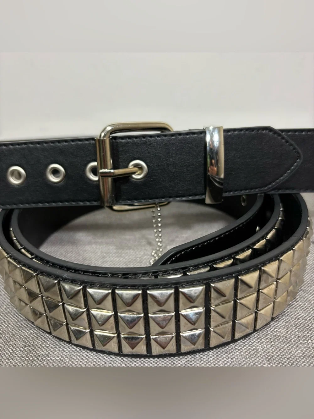 foolsGold Black Pyramid Stud Leather Belt with Silver Buckle- 4XL